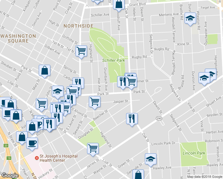 map of restaurants, bars, coffee shops, grocery stores, and more near 101 Merz Avenue in Syracuse
