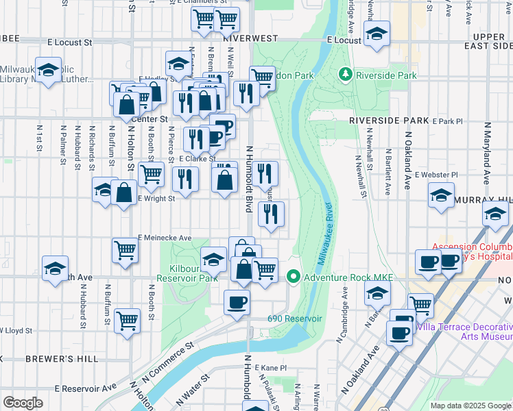 map of restaurants, bars, coffee shops, grocery stores, and more near 2470 North Humboldt Boulevard in Milwaukee