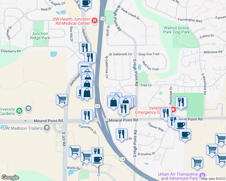 map of restaurants, bars, coffee shops, grocery stores, and more near 9 West Oakbridge Court in Madison