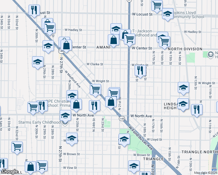 map of restaurants, bars, coffee shops, grocery stores, and more near 2455 North 22nd Street in Milwaukee