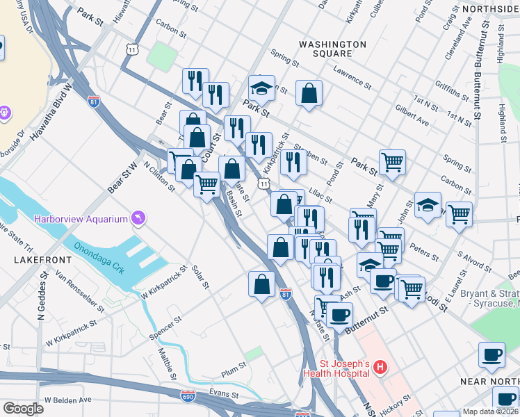 map of restaurants, bars, coffee shops, grocery stores, and more near 113 Titus Alley in Syracuse