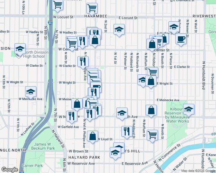 map of restaurants, bars, coffee shops, grocery stores, and more near 2468 North 2nd Street in Milwaukee
