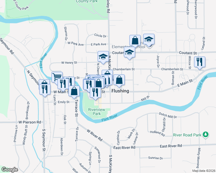 map of restaurants, bars, coffee shops, grocery stores, and more near 113 North McKinley Road in Flushing