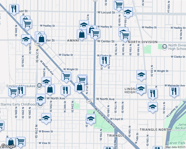 map of restaurants, bars, coffee shops, grocery stores, and more near 2459 North 20th Street in Milwaukee