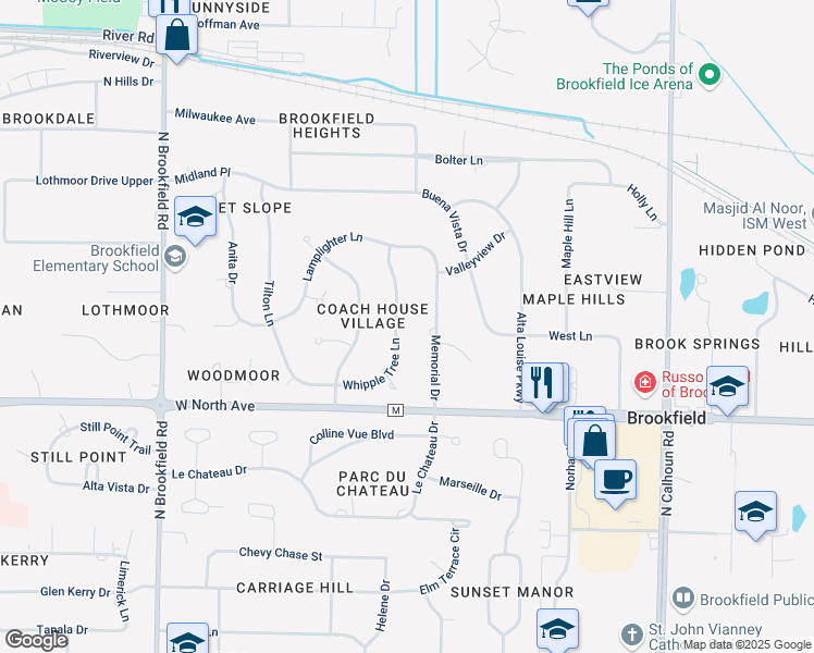 map of restaurants, bars, coffee shops, grocery stores, and more near 2425 Whipple Tree Lane in Brookfield