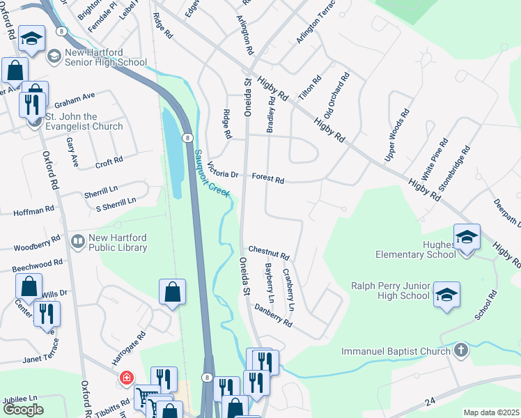 map of restaurants, bars, coffee shops, grocery stores, and more near 42 Bradley Road in Utica