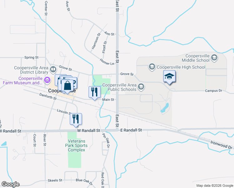 map of restaurants, bars, coffee shops, grocery stores, and more near 211 East Street in Coopersville