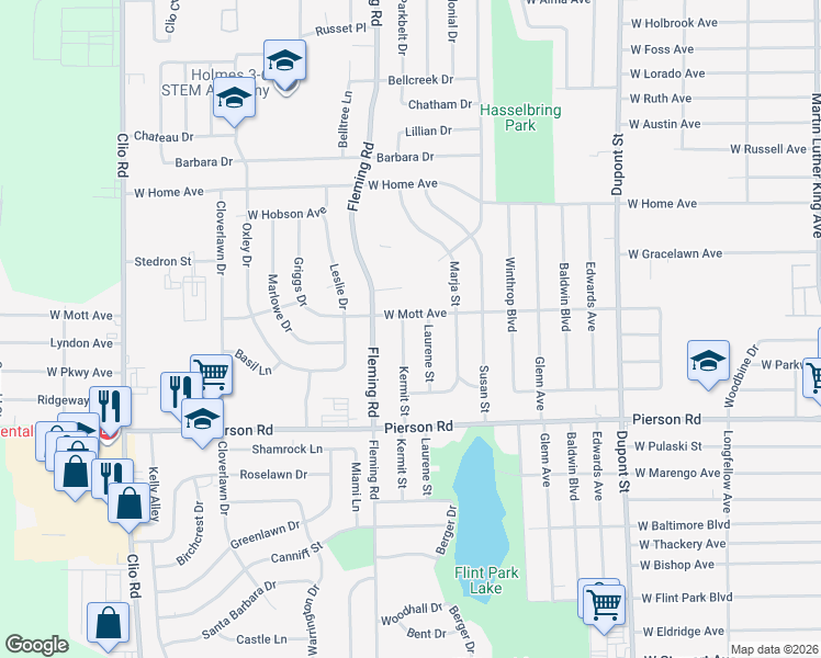 map of restaurants, bars, coffee shops, grocery stores, and more near 5510 Kermit Street in Flint