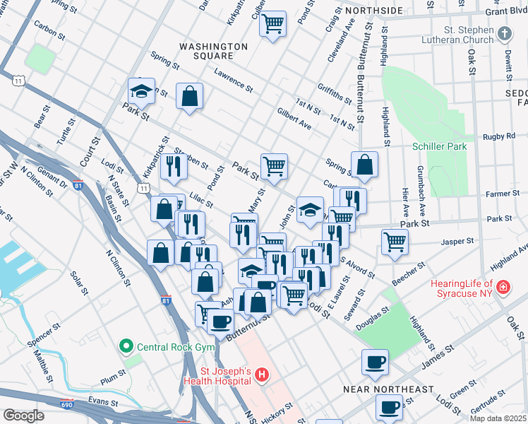 map of restaurants, bars, coffee shops, grocery stores, and more near 641 E Division St in Syracuse