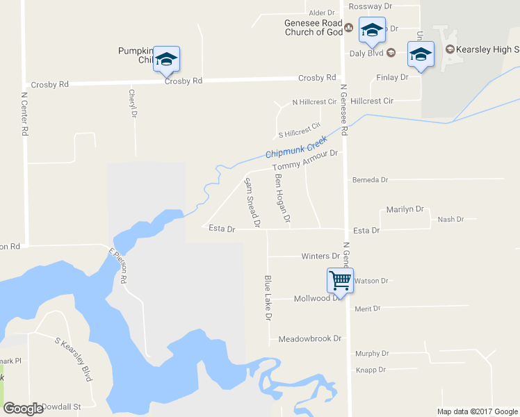 map of restaurants, bars, coffee shops, grocery stores, and more near 4054 Sam Snead Drive in Flint