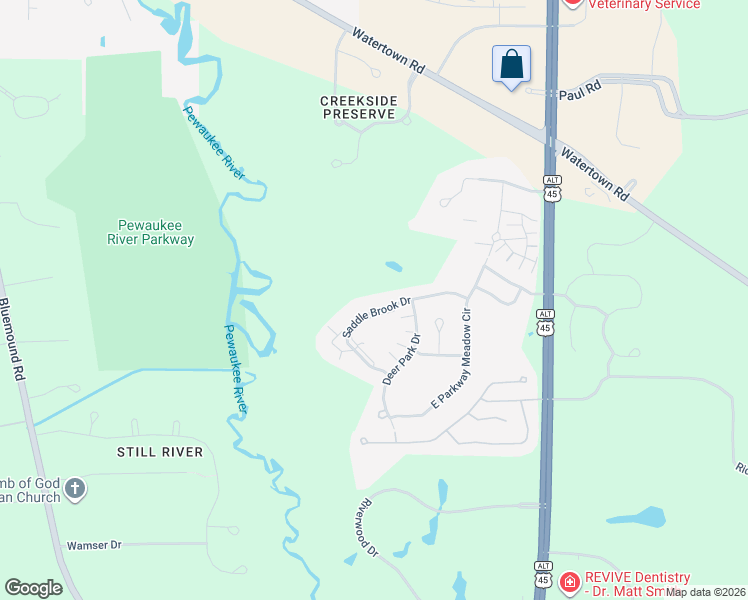 map of restaurants, bars, coffee shops, grocery stores, and more near N24W24258 Saddle Brook Drive in Pewaukee
