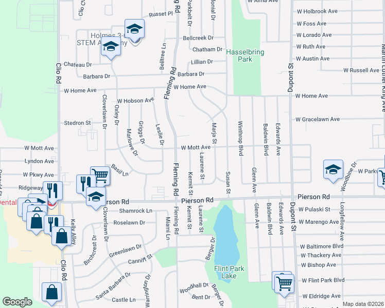 map of restaurants, bars, coffee shops, grocery stores, and more near 5510 Kermit Street in Flint