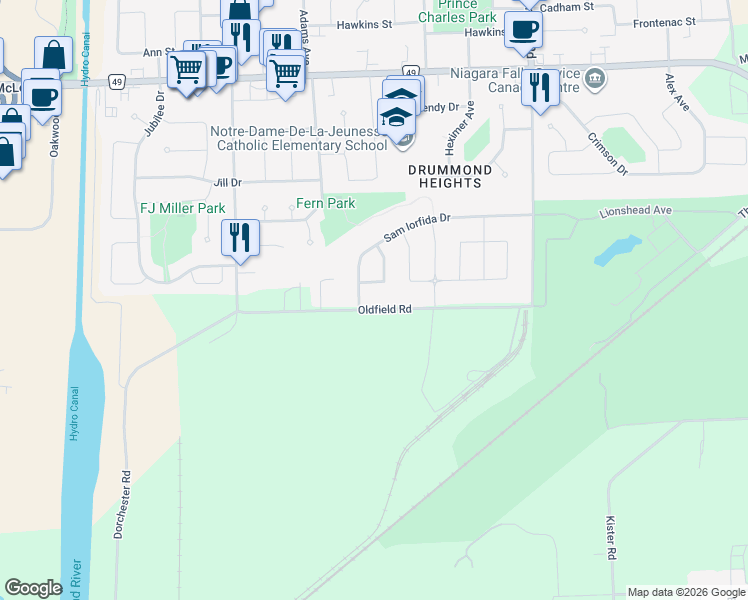 map of restaurants, bars, coffee shops, grocery stores, and more near 6730 Sam Iorfida Drive in Niagara Falls