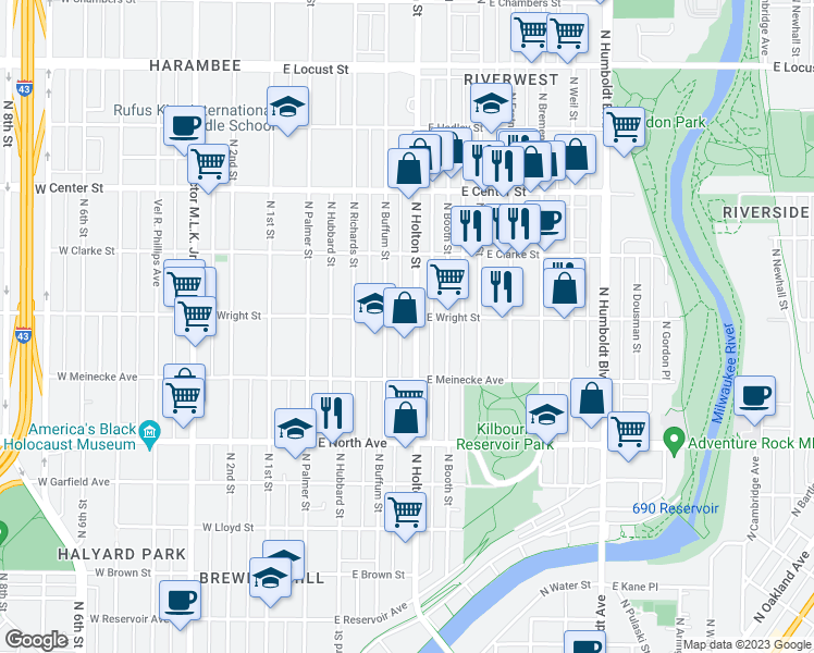 map of restaurants, bars, coffee shops, grocery stores, and more near 2469 North Holton Street in Milwaukee