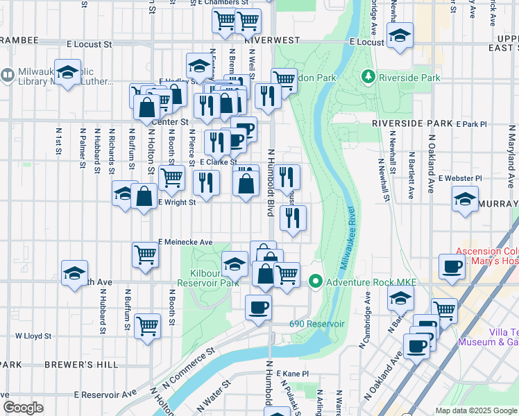 map of restaurants, bars, coffee shops, grocery stores, and more near 1013 East Wright Street in Milwaukee