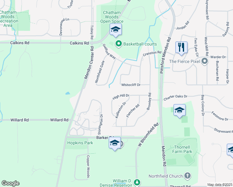 map of restaurants, bars, coffee shops, grocery stores, and more near 24 High Hill Drive in Pittsford