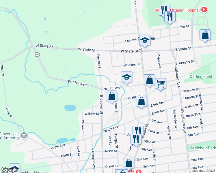 map of restaurants, bars, coffee shops, grocery stores, and more near 62 W 11th Ave in Gloversville