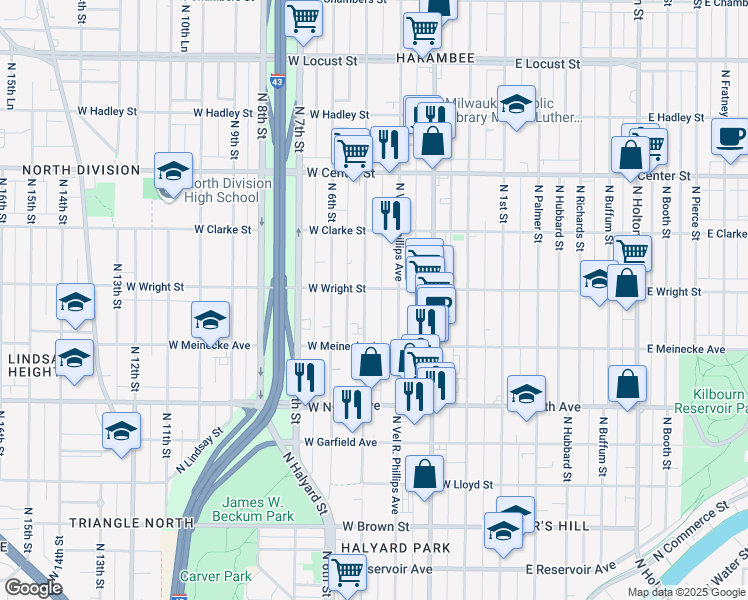 map of restaurants, bars, coffee shops, grocery stores, and more near 2464 North 5th Street in Milwaukee