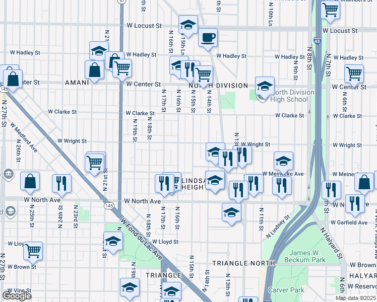 map of restaurants, bars, coffee shops, grocery stores, and more near 2463 North 15th Street in Milwaukee