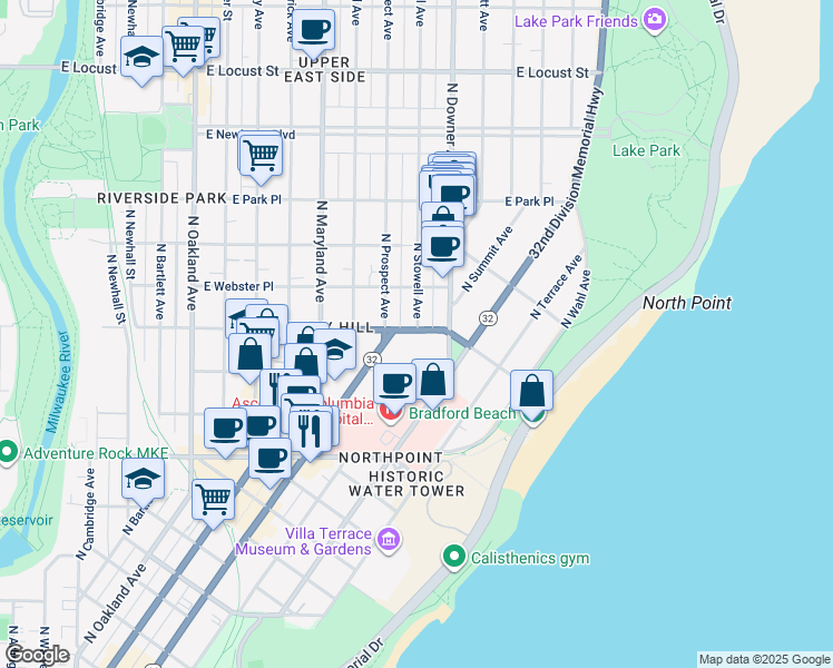 map of restaurants, bars, coffee shops, grocery stores, and more near 2505 East Bradford Avenue in Milwaukee