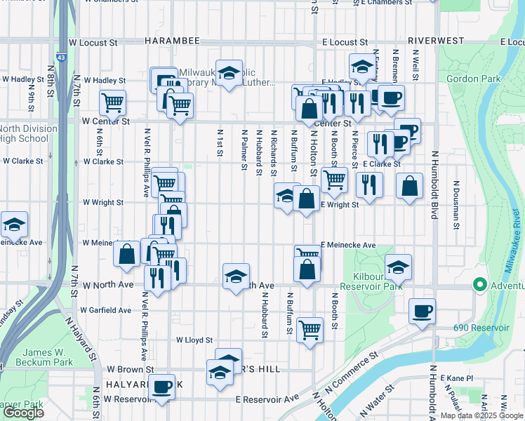 map of restaurants, bars, coffee shops, grocery stores, and more near 2465 North Hubbard Street in Milwaukee