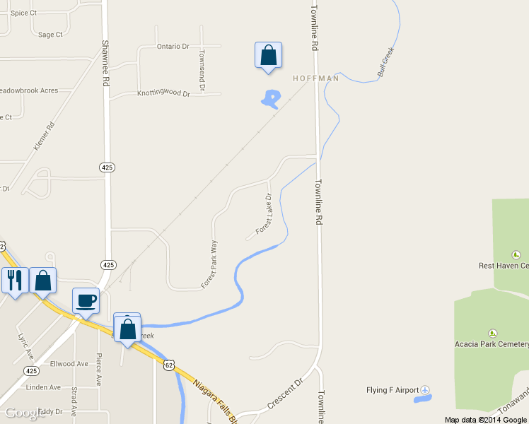 map of restaurants, bars, coffee shops, grocery stores, and more near 6 Forest Lake Dr in North Tonawanda