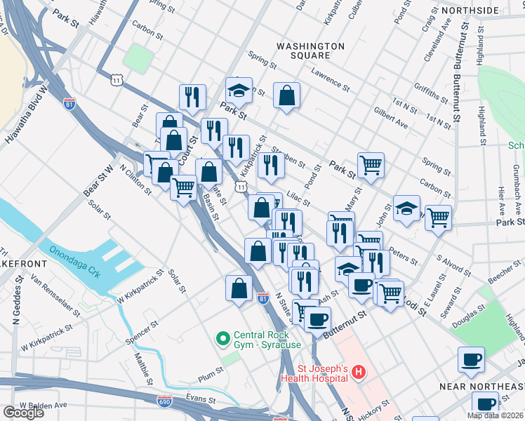 map of restaurants, bars, coffee shops, grocery stores, and more near 914 North Salina Street in Syracuse