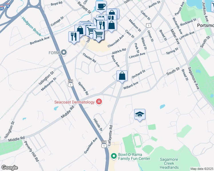 map of restaurants, bars, coffee shops, grocery stores, and more near 165 Middle Road in Portsmouth