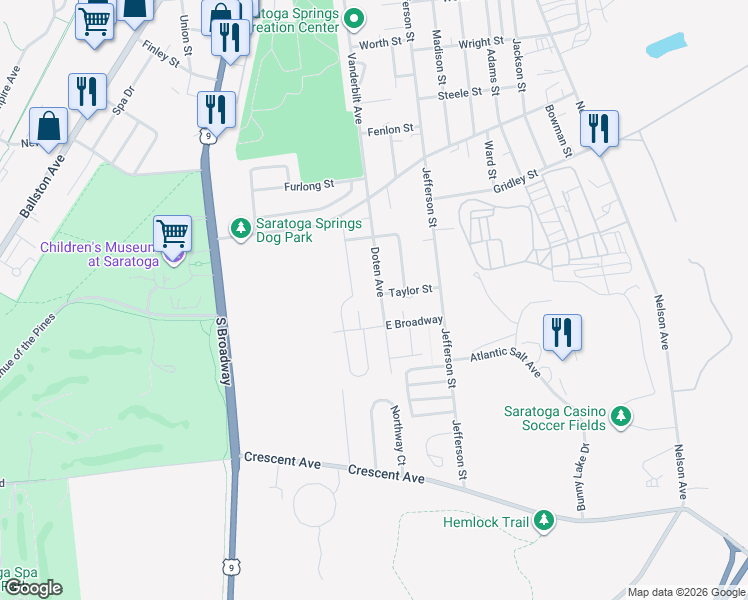 map of restaurants, bars, coffee shops, grocery stores, and more near 43 Doten Avenue in Saratoga Springs