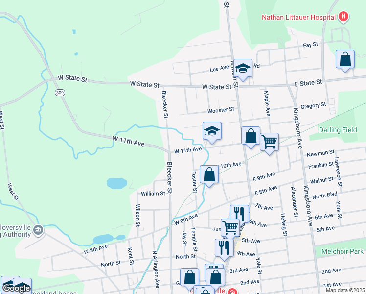 map of restaurants, bars, coffee shops, grocery stores, and more near 62 West 11th Avenue in Gloversville