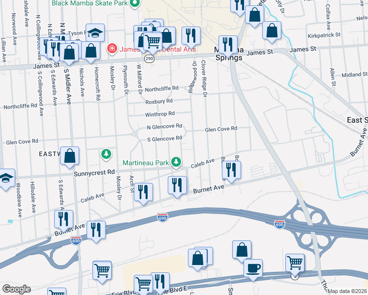 map of restaurants, bars, coffee shops, grocery stores, and more near 123 Aberdeen Terrace in Syracuse
