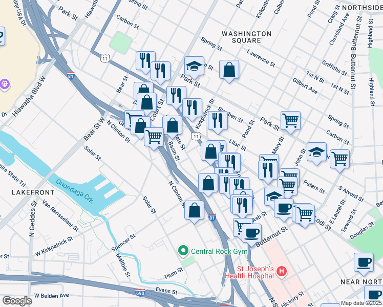 map of restaurants, bars, coffee shops, grocery stores, and more near 113 Titus Alley in Syracuse