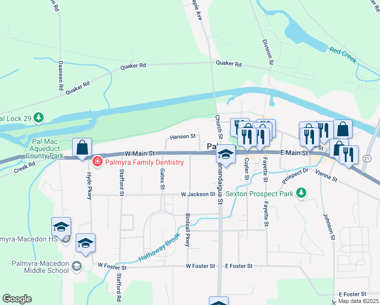 map of restaurants, bars, coffee shops, grocery stores, and more near 208 West Main Street in Palmyra