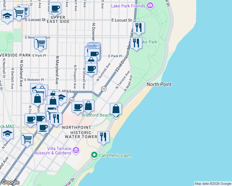 map of restaurants, bars, coffee shops, grocery stores, and more near 2559 North Wahl Avenue in Milwaukee