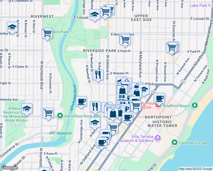 map of restaurants, bars, coffee shops, grocery stores, and more near in Milwaukee