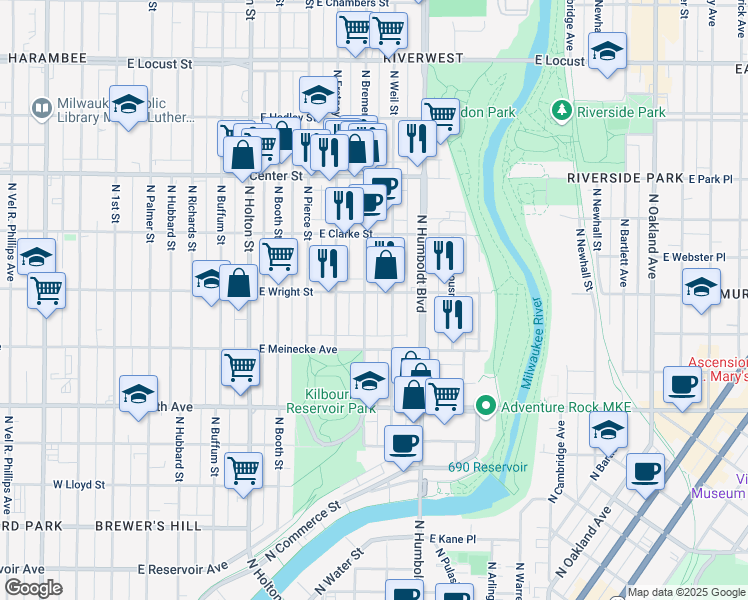 map of restaurants, bars, coffee shops, grocery stores, and more near 2464 North Bremen Street in Milwaukee
