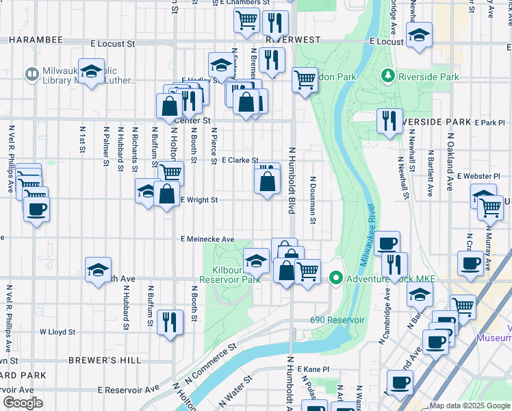map of restaurants, bars, coffee shops, grocery stores, and more near 2464 North Bremen Street in Milwaukee
