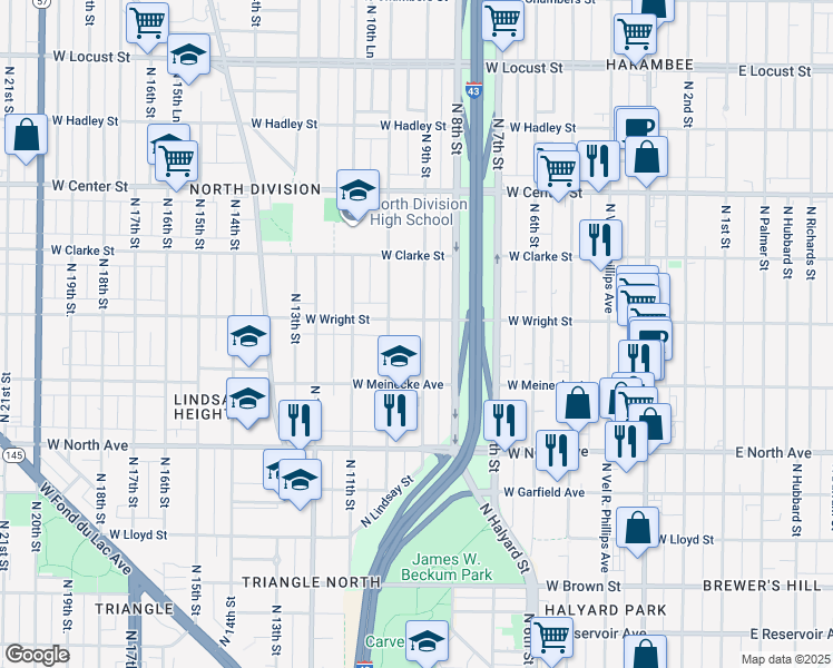 map of restaurants, bars, coffee shops, grocery stores, and more near 2456 North 9th Street in Milwaukee