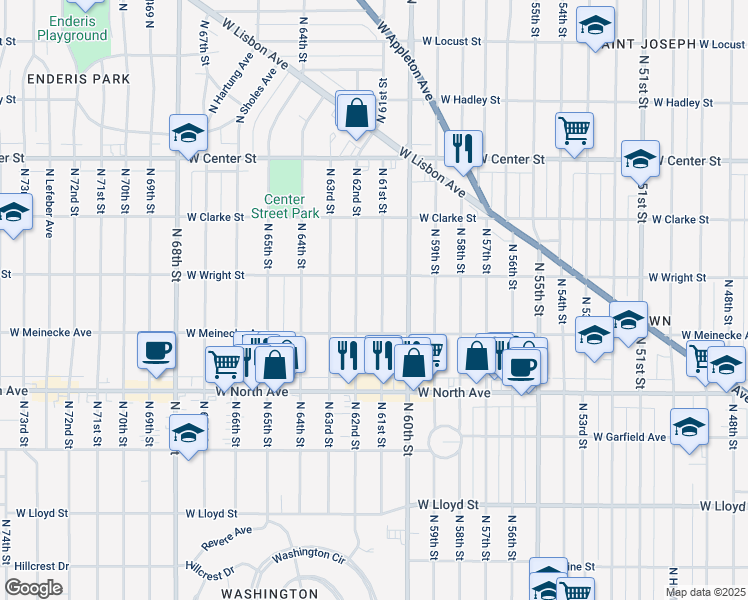 map of restaurants, bars, coffee shops, grocery stores, and more near 2438 North 61st Street in Wauwatosa