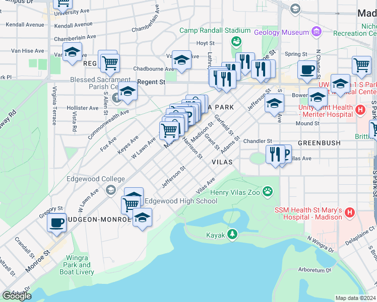 map of restaurants, bars, coffee shops, grocery stores, and more near 1904 Jefferson Street in Madison