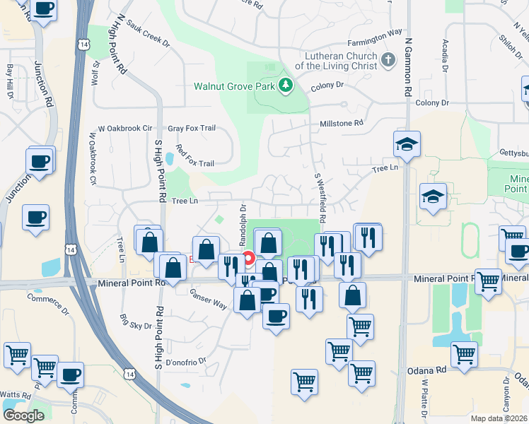 map of restaurants, bars, coffee shops, grocery stores, and more near 7379 Tree Lane in Madison