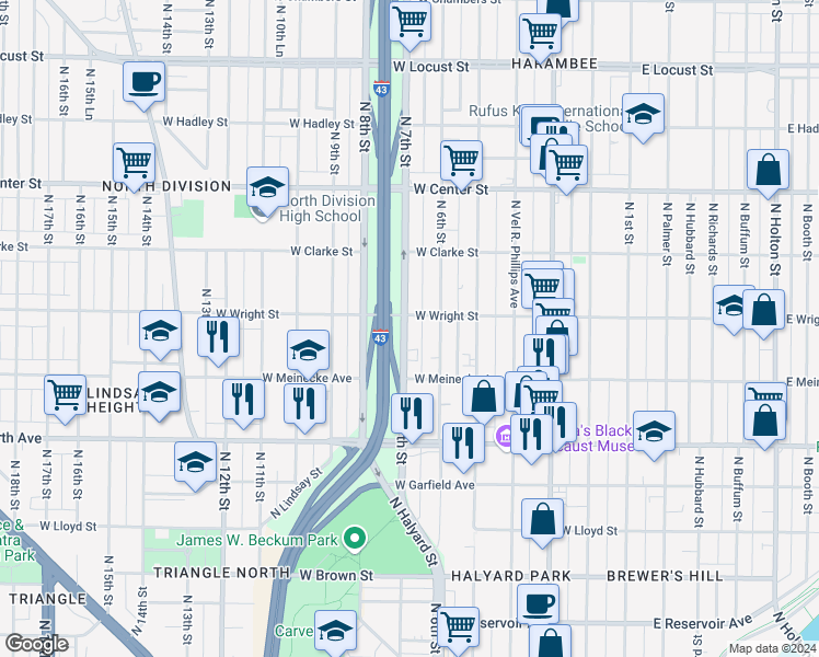 map of restaurants, bars, coffee shops, grocery stores, and more near 2466 North 7th Street in Milwaukee