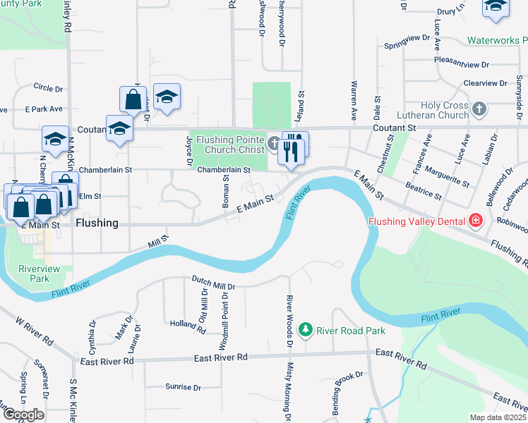 map of restaurants, bars, coffee shops, grocery stores, and more near 726 East Main Street in Flushing