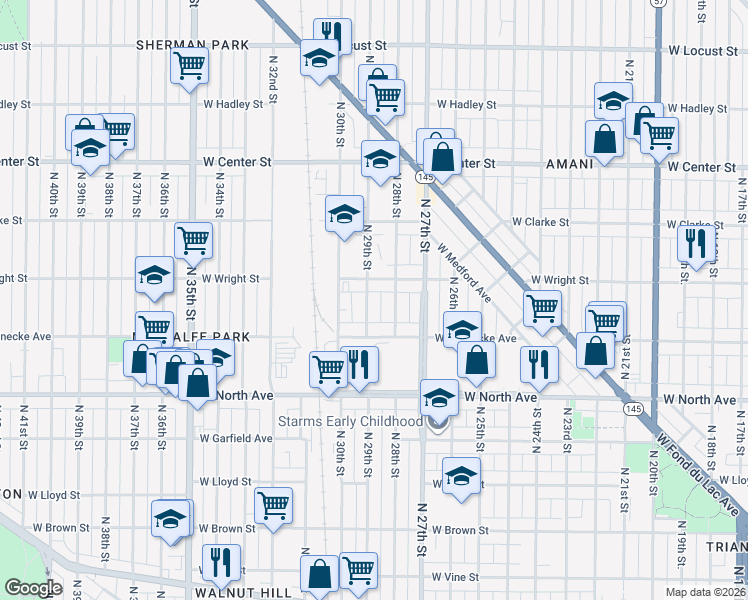 map of restaurants, bars, coffee shops, grocery stores, and more near 2454 North 29th Street in Milwaukee