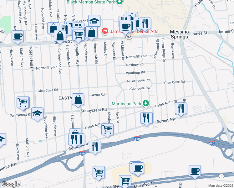 map of restaurants, bars, coffee shops, grocery stores, and more near 122 Cresline Drive in Syracuse