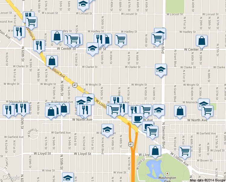 map of restaurants, bars, coffee shops, grocery stores, and more near 2450 North 49th Street in Milwaukee