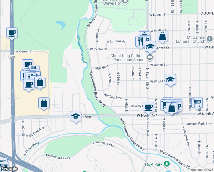 map of restaurants, bars, coffee shops, grocery stores, and more near 2441 North 97th Street in Wauwatosa