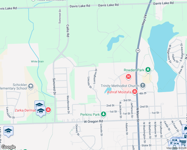 map of restaurants, bars, coffee shops, grocery stores, and more near 1421 Luxington Drive in Lapeer