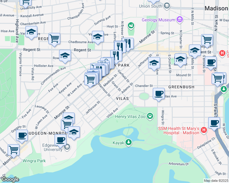 map of restaurants, bars, coffee shops, grocery stores, and more near 1809 Jefferson Street in Madison