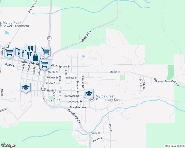 map of restaurants, bars, coffee shops, grocery stores, and more near 1630 Maple Street in Myrtle Point